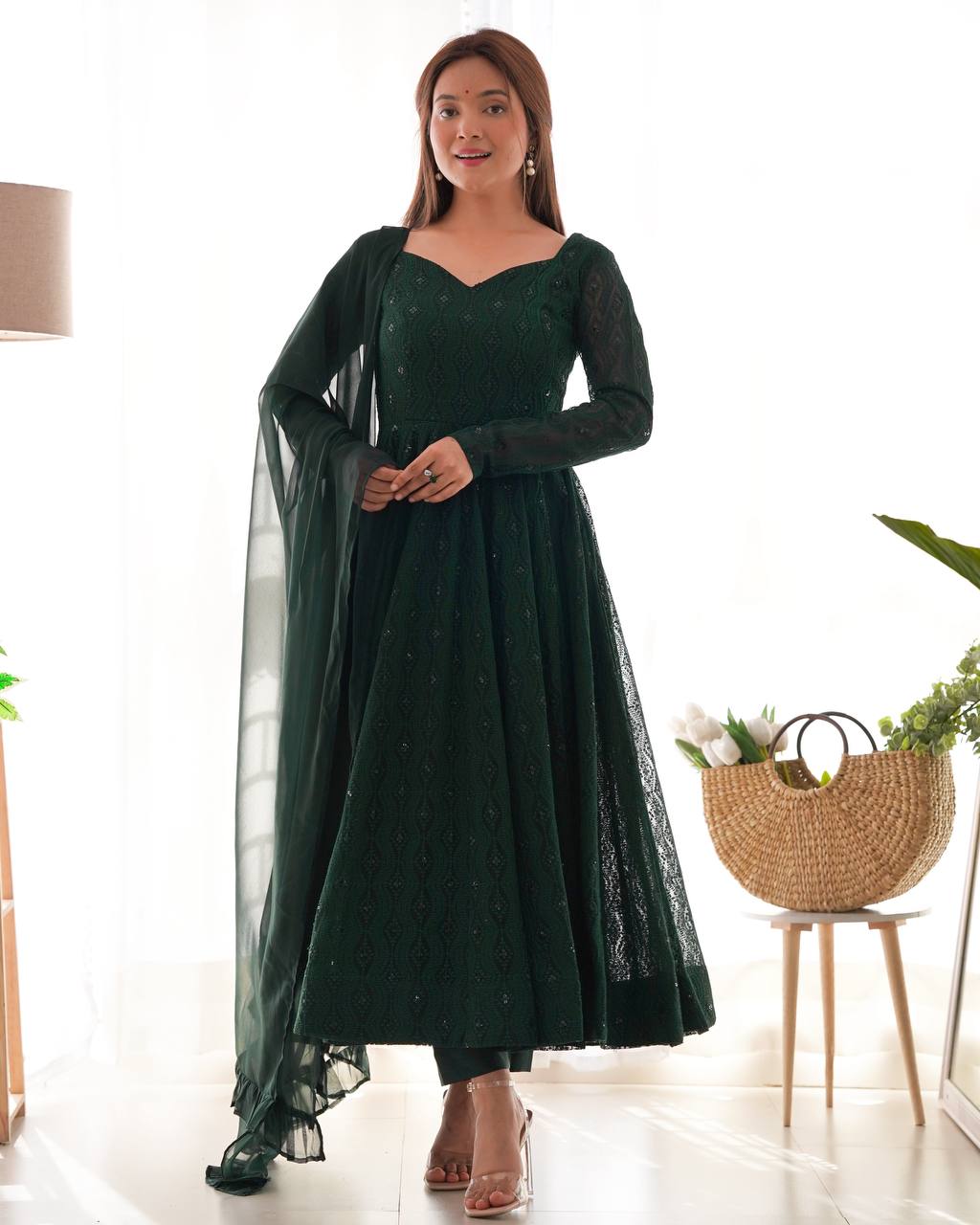 Green Color Premium Lucknowi Sequin Work Anarkali Set