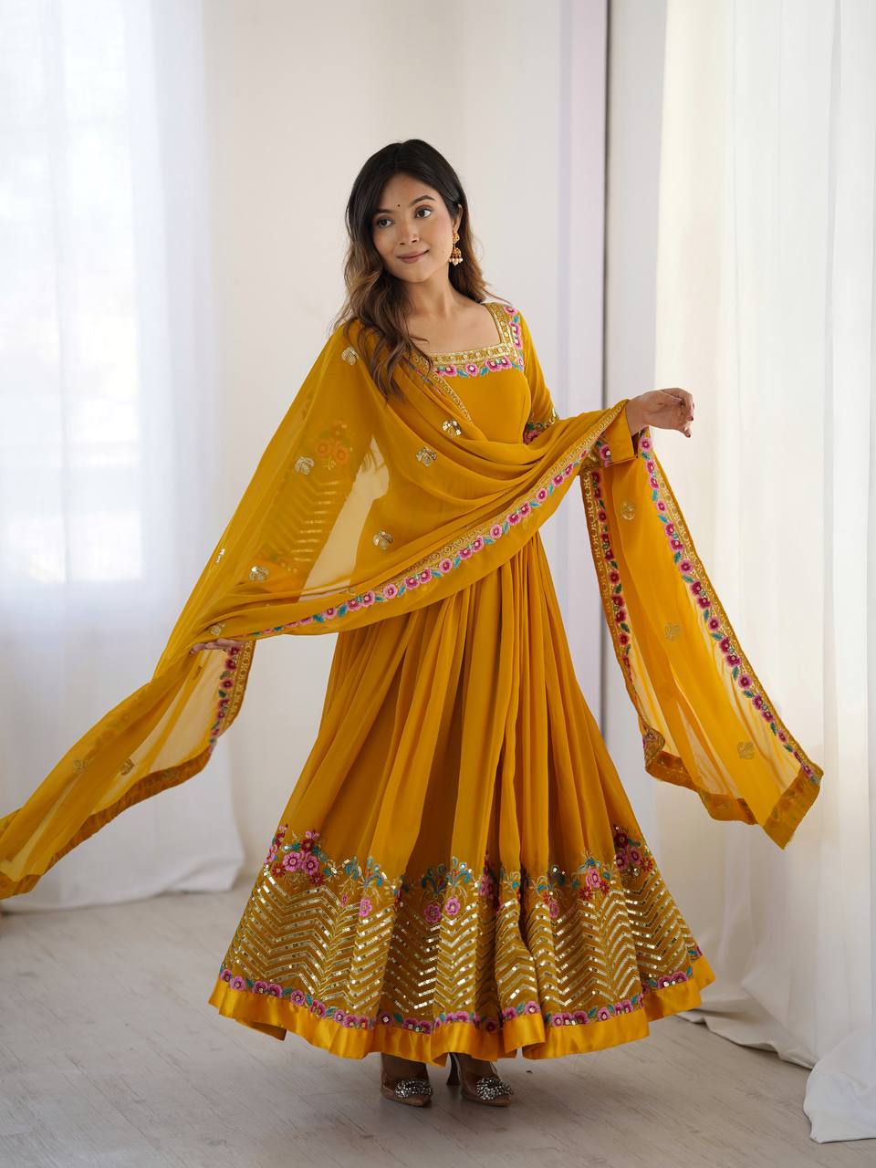 New Designer Mustard Color Premium Heavy Georgette Anarkali Gown With Bottom And Dupatta Set