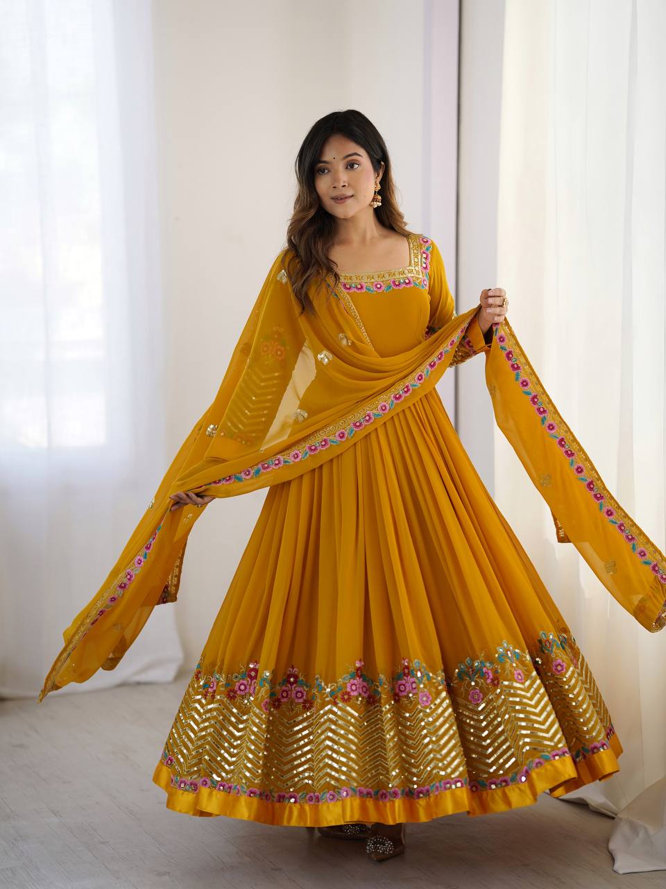 New Designer Mustard Color Premium Heavy Georgette Anarkali Gown With Bottom And Dupatta Set