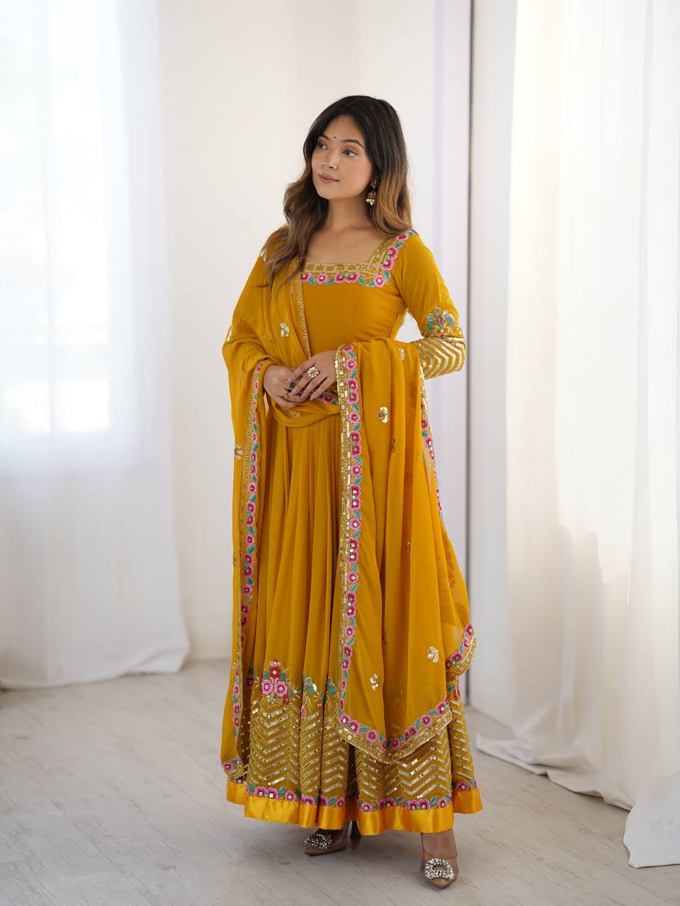 New Designer Mustard Color Premium Heavy Georgette Anarkali Gown With Bottom And Dupatta Set