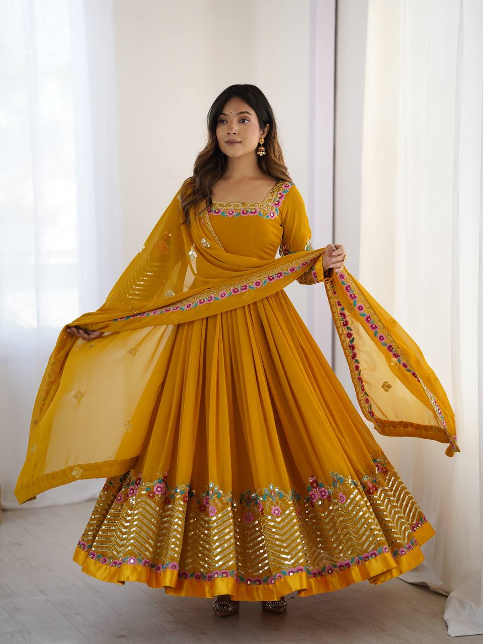 New Designer Mustard Color Premium Heavy Georgette Anarkali Gown With Bottom And Dupatta Set