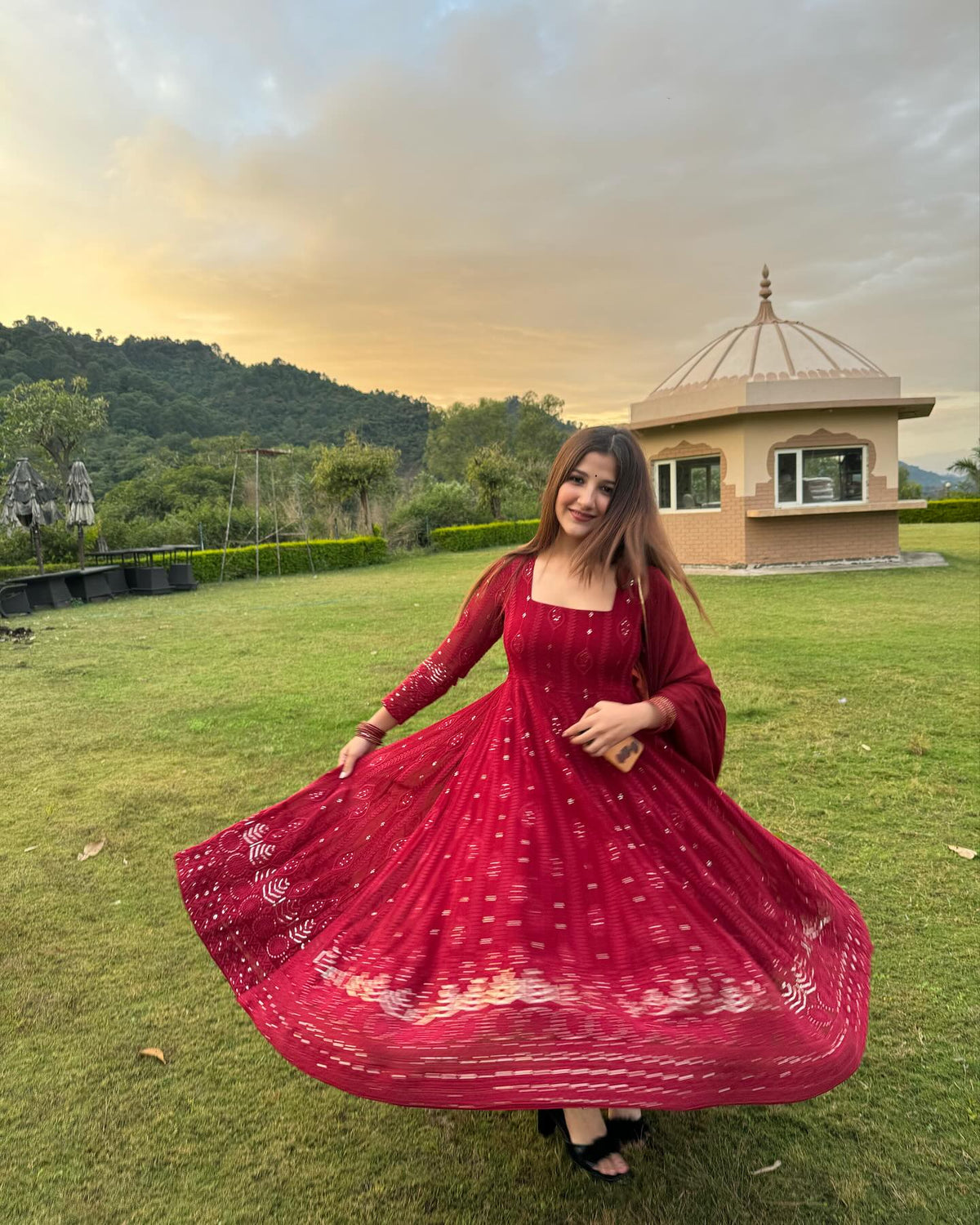 MAROON RED EMBROIDERED GEORGETTE SUIT SET