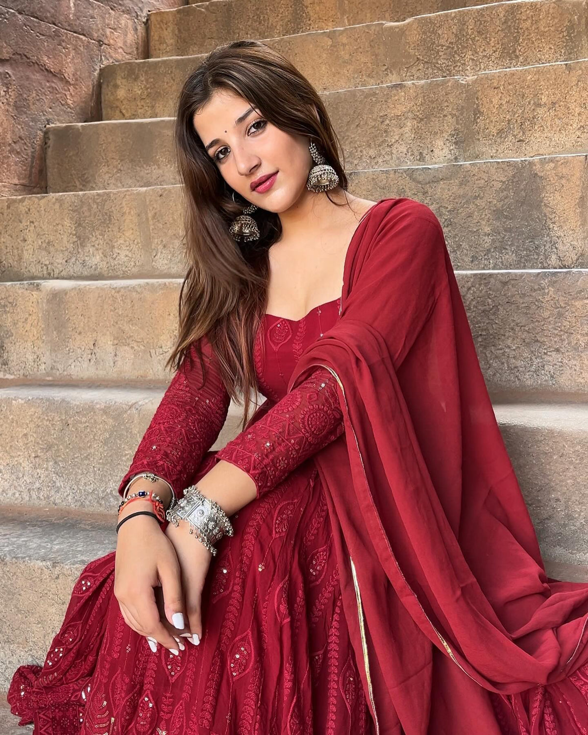 MAROON RED EMBROIDERED GEORGETTE SUIT SET